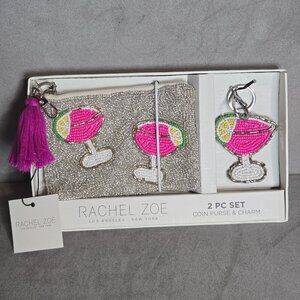 New Rachel Zoe Pink Margarita Silver Beaded Zippered Coin Pouch And Charm Set
